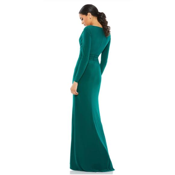 Mac Duggal 26554 V-Neck Long Sleeve Emerald Green Jersey High Slit Gown - Picture 8 of 8